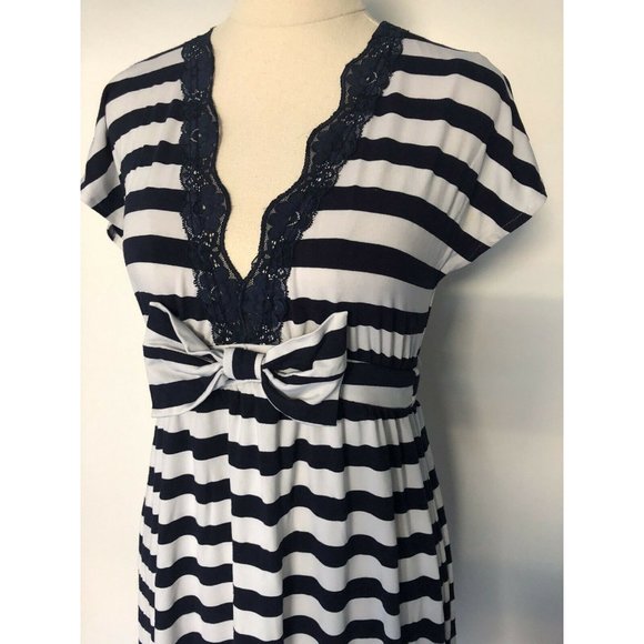 CHERRIE Striped Lace Detail V Neck Bow Mini Dress Tunic S 8 Cute Summer - Picture 4 of 4